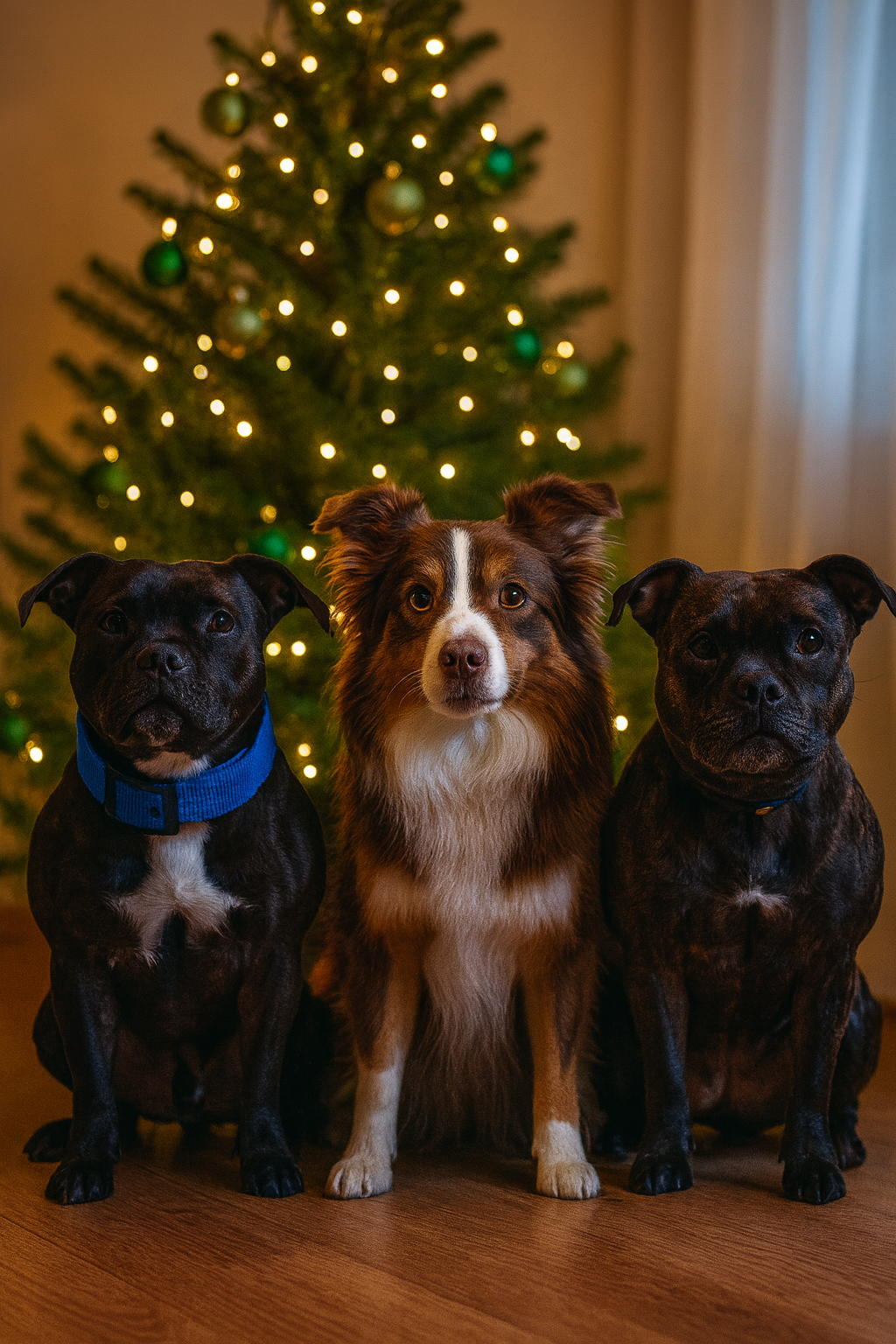 Två svart brindle staffar och en Miniature American Shepherd framför julgran inomhus